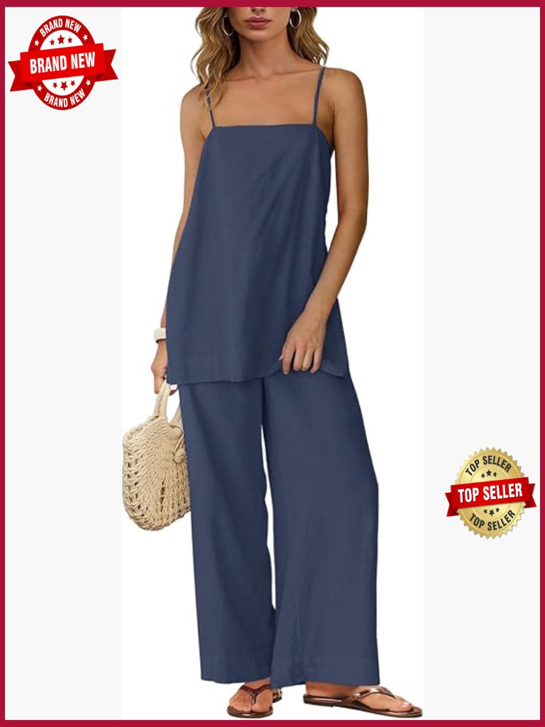 Linen 2 Piece Summer Spaghetti Strap Top Wide Leg Pant Set With Pockets